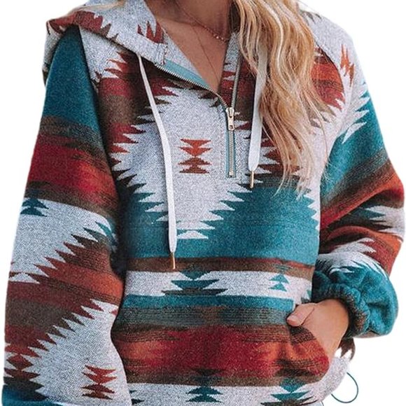Women's Western Quarter Zip Aztec Hoodie Pullover Oversized Sweatshirt - Picture 1 of 6